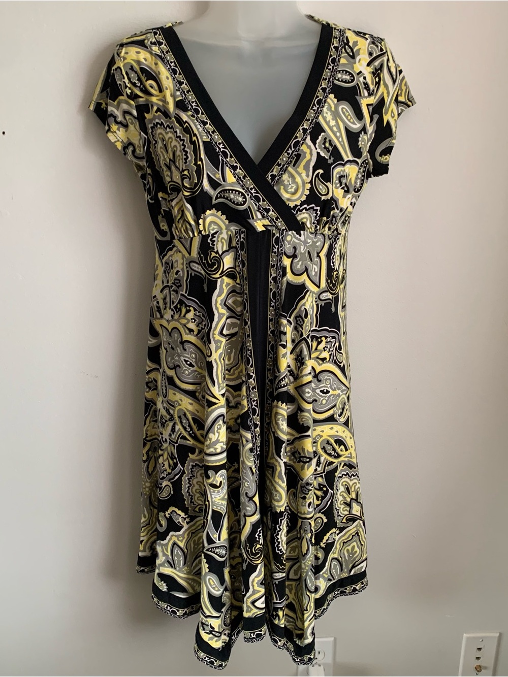 INC International Concepts Black, Yellow and Gray Paisley Midi Dress